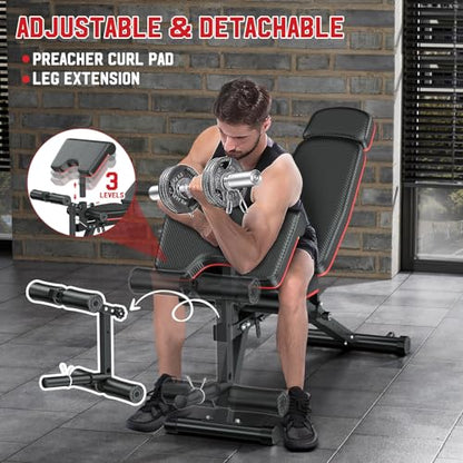 XDDIAS Workout Bench, Adjustable Weight Bench with Leg Extension and Leg Curl, Extended Headrest, 900LBS Preacher Curl Bench Incline Decline Flat Workout Bench for Home Gym Full Body Exercise - color: Black+Textural