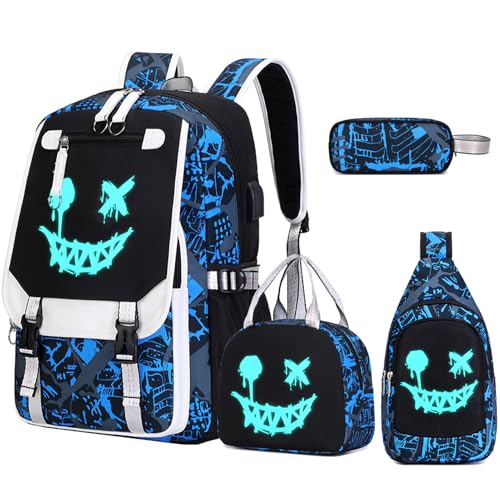 Bevalsa Backpack for Boys, Cool Luminous Boys Backpack with Sling Bag, Lunch Box & Pen Case, School Bags for Kids Children Teens Elementary Middle Schools, Bookbag Glow In The Dark (Smile) - color: Smile