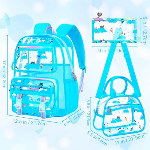 KLFVB Clear Backpack Heavy Duty, 3PCS Girls See Through School Bag Set, Cute Transparent Bookbag for Women - Cloud Cat Blue - color: Cloud Cat Blue Clear Backpack