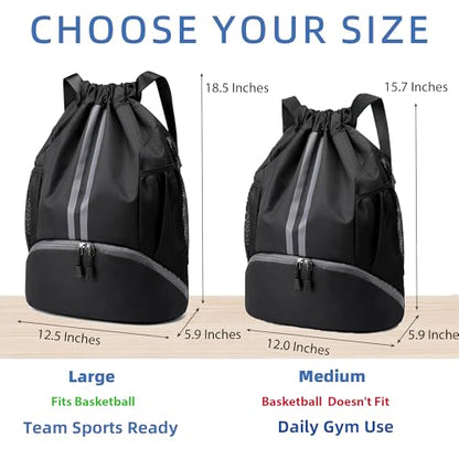 JELUTAR Drawstring Backpack Gym Bag with Shoes Compartment, Black - color: Black, size: Medium