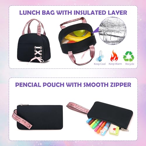 ACESAK Backpacks for Girls, Girls Backpack with Lunch Box and Pencil Case for Teen Kids Elementary Middle High School College Student, Children School Backpack Bookbag with USB Charging Port (Purple) - color: Black & Purple