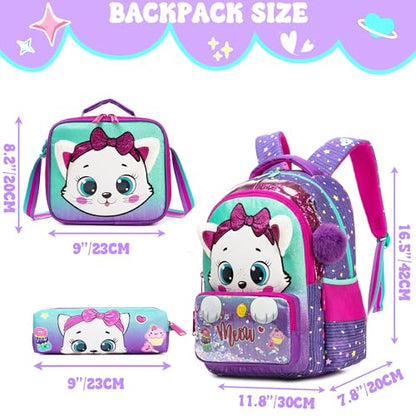 Meetbelify Kids School Backpacks for Girls Boys Backpack with Lunch Bag for Elmentary Students - color: 01 Purple Cat