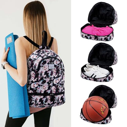 Kamo Drawstring Backpack Bag - Sport Swimming Yoga Backpack with Shoe Compartment, Two Water Bottle Holder for Men Women Large String Backpack Athletic Sackpack for Travel - color: Cashew Flower