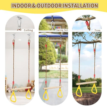 LadyRosian Wooden Trapeze Swing Bar, Adjustable Height Swing Set, Gym Rings, Playground Attachments, 16.5" Monkey Bar for Backyard, Playground, Playroom - color: Yellow