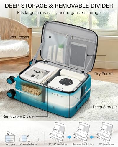 Hanke 20 Inch Top Opening Carry On Luggage with Cup Holder, Hard Shell Suitcase with Spinner Wheels, USB Ports, TSA Lock Aluminum Frame, Dry Wet Separation & Removable Divider, Caribbean Blue - color: Caribbean Blue, size: 20 Inch Pro