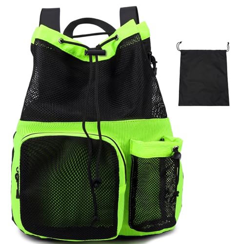 Lohol Large Mesh Drawstring Backpack with Shoe Bag, Durable Swimming String Sack with Handle for Sports Gym Yoga Beach Travel - color: Green