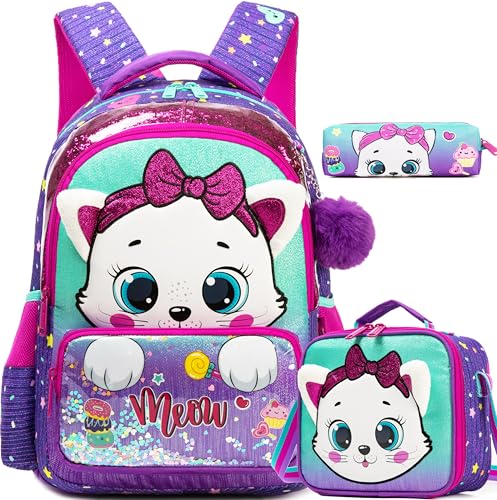 Meetbelify Kids School Backpacks for Girls Boys Backpack with Lunch Bag for Elmentary Students - color: 01 Purple Cat