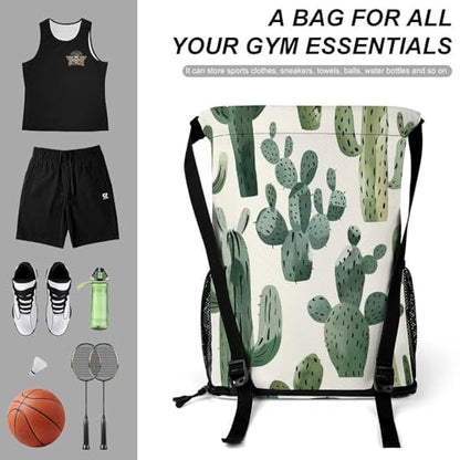 Drawstring Gym Backpack with Shoe Compartment And Wet Pocket, 28L Lightweight Waterproof Light Cactus Pattern Sports Backpack for Workout Swim Beach Travel String Bag for Men Women