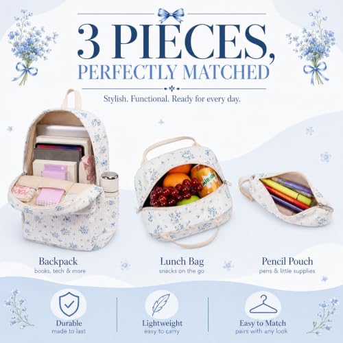 Bluboon School Backpack Set Girls Womens Laptop Bookbag Casual Daypack Fits 15 inch Laptop with Lunch Tote Bag and Pencil Bag - color: Blue Floral 263