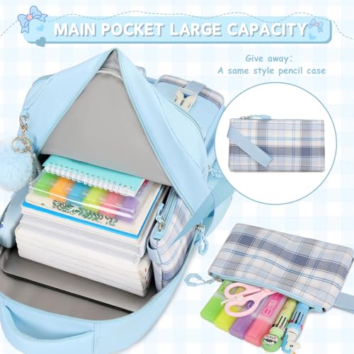 MOONBABY Girls Backpack, Kids Backpack for Girls School Bags with Lunch Bag & Pen Case, Bow Plaid Book Bag for Elementary Middle Primary High School College,Blue-3pcs - color: Blue Set