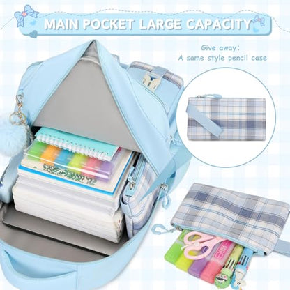 MOONBABY Girls Backpack, Kids Backpack for Girls School Bags with Lunch Bag & Pen Case, Bow Plaid Book Bag for Elementary Middle Primary High School College,Blue-3pcs - color: Blue Set