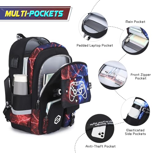 Scothen Boys Backpack, Cool Luminous School Backpacks for Boys with Lunch Bag Pencil Case, Kids Backpack Kindergarten Elementary Middle School Book Bags for Teen Boy Children with USB Charging Port - color: Cool Red-blue