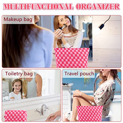 ZLFSRQ 2Pcs Makeup Bag Checkered Cosmetic Bag Set Travel Toiletry Bags for Purse Large Small Makeup Pouch for Women Cute Preppy Pencil Pouch Case Pink Zipper Skincare Bags - color: B-Checkered 2Pcs Mix Pink