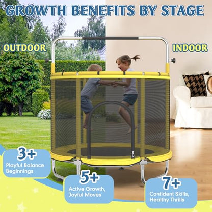 Trampoline for Kids, 55" Indoor & Outdoor Toddler Trampoline, Anti-Rollover Bottom Kids Toys with Adjustable Gymnastics Bars, Toddler Swing, Basketball Hoop - color: Yellow