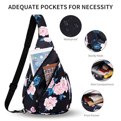 HUA ANGEL Crossbody Sling Bag for Men & Women Lightweight Waterproof Chest Shoulder Bag for Travel Hiking & Everyday Use - color: W-pink Peony