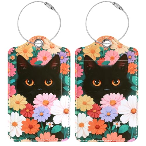 Luggage Tags for Suitcases, 2 Pack Cute PU Leather Luggage Tag TSA Approved with Stainless Steel Loop and Address Card Baggage Tag for Travel&Cruise Ships&Shipping Black Cat Floral, by Chelmon - color: Black Cat Floral