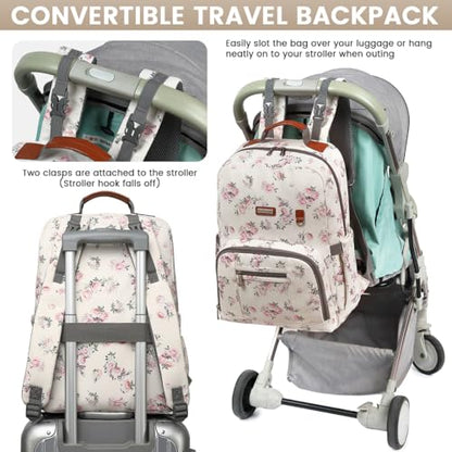 Diaper Bag Backpack, Large Baby Nappy Bags with Portable Changing Pad for Boys and GirlsMultifunction Travel Baby Bag for Moms Dads, Shower Gifts Waterproof and Stylish，Flower Beige - color: Flower Beige