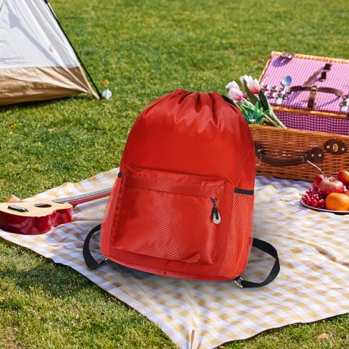 Waterproof Drawstring Bag, Lightweight String Backpack with Water Bottle Holder and Pockets, Gym Sports Cinch Sackpack (Red) - color: Red