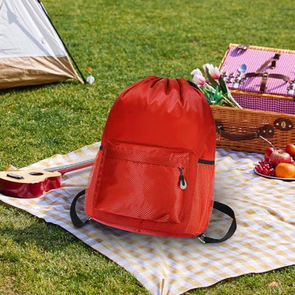 Waterproof Drawstring Bag, Lightweight String Backpack with Water Bottle Holder and Pockets, Gym Sports Cinch Sackpack (Red) - color: Red
