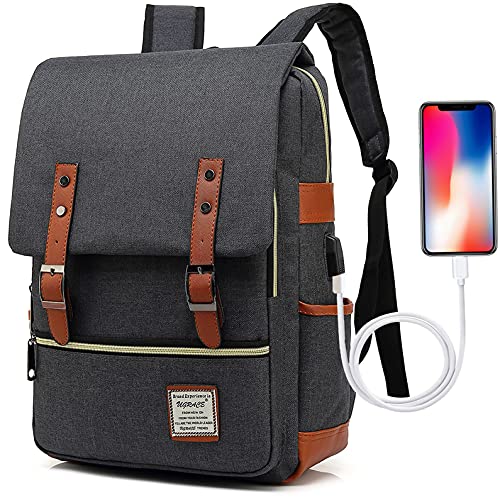 UGRACE Vintage Laptop Backpack with USB Charging Port, Elegant Water Resistant Travelling Casual Daypacks College Shoulder Bag for Men Women, Fits up to 15.6Inch Laptop in Black - color: Black