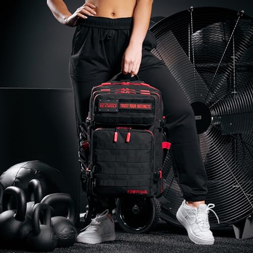 WOLFpak 45L Athletic Gym Backpack (Red Wolf) Durable 1000D Waterproof Oxford Material with MOLLE Webbing, Laptop Pocket & Dual Cup Holders, Durable Fitness/Travel/Military Daypack - color: Red Wolf