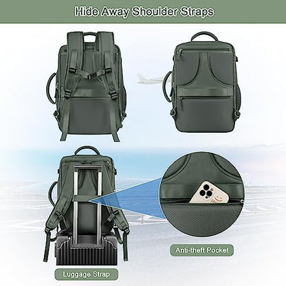 Sinaliy Large Expandable Travel Backpack for Men and Women, 17 Inch Laptop, Waterproof, Casual, College Bookbag, Backpack for Women, as Person Item Flight Approved - color: Olive Green