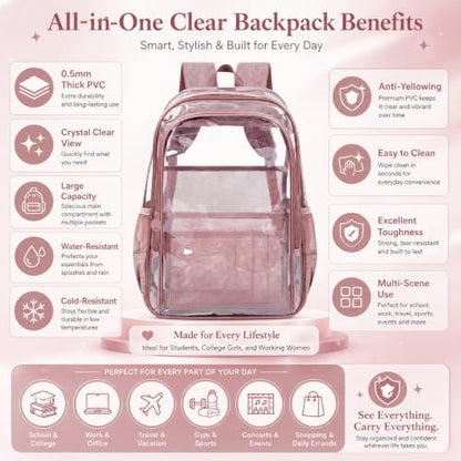 gxtvo Clear Backpack, Heavy Duty Transparent Bookbag, See Through Backpacks for Women Men | Heavy Duty - color: Chic Deep Pink Clear Backpack