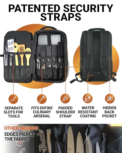 Chef Knife Backpack TRAVELLER - Patented Knife Retention Panels with Hook-and-Loop, Water Resistant 900D Polyester Canvas, YKK Zippers, Work Bag for Chefs & Culinary Students (Black)