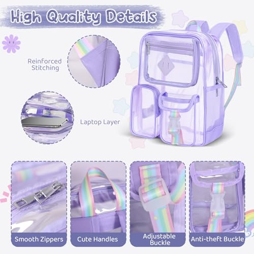 Clear Backpack for Stadium Events, Large Heavy Duty PVC Transparent Backpacks for Girls Women, See Through Backpack for School, Purple