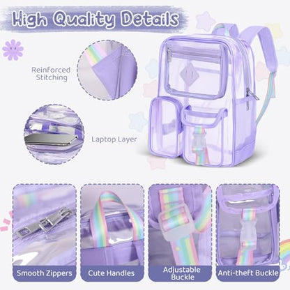 Clear Backpack for Stadium Events, Large Heavy Duty PVC Transparent Backpacks for Girls Women, See Through Backpack for School, Purple