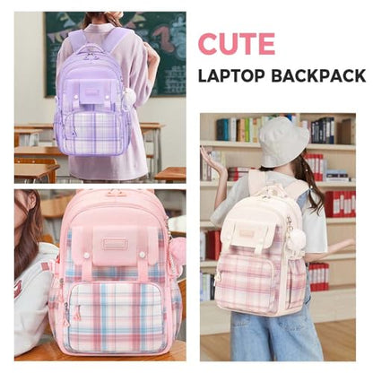 Cute College Laptop Backpack for Women Large Capacity Preppy Aesthetic Computer Bag Kawaii Pink Daypack with Pendant (Beige) - color: Beige