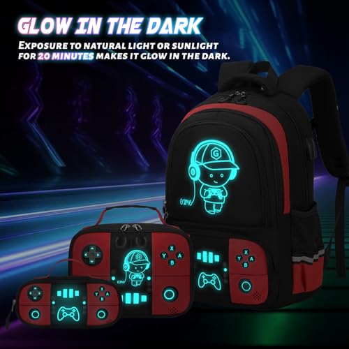 Bevalsa Backpack for School Boys,Cool Luminous Gamer Boys Backpacks with Wired Headphones Lunch Box Pencil Case,Kids Schoolbag for Teens Kindergarten Elementary School(Red Backpack with Headphones) - color: Red, style: Backpack With Headphones