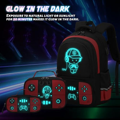 Bevalsa Backpack for Boys with 43OZ Bento Lunch Box,Insulated Lunch Bag & Pencial Case,Cool Luminous Gamer Schoolbag for Kids Teens Elementary Middle School,Bookbag Glow In The Dark - color: Red, style: Backpack With 43oz Bento Box