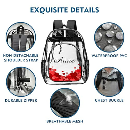 Personalized Clear Backpack with Name, Custom Heavy Duty Stadium Approved School Transparent Book Bag with Reinforced Padded Straps, Kids Girls Water Proof Clear Book Bag - color: N-clear Backpack