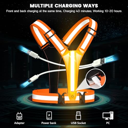 Fokia Kunbio LED Reflective Running Vest Gear,Light Up Vest Runners Night Walking USB Rechargeable,Up to 11hrs Light with Adjustable Waist/Shoulder for Women Men Kids - color: Orange