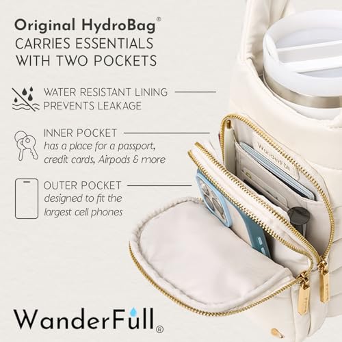 WanderFull HydroBag Handle®, Vegan Leather Hands-Free Crossbody 40 Oz Water Bottle Carrier w/Strap Bundle - color: Ivory