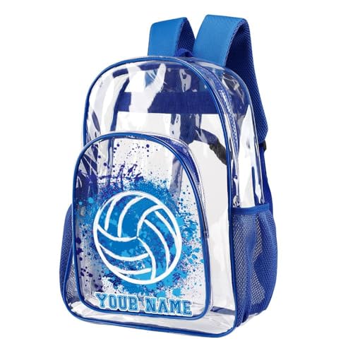 Custom Volleyball Clear Backpack Heavy Duty for Girls Kids Boys | Large Cool PVC Volleyball Theme Printing Transparent Backpacks for Schools Stadium Concerts Work - Clear/Blue - color: Volleyball Clear Backpack 2 Blue With Front Pocket Custom