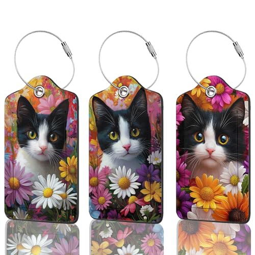 3 Pack Luggage Tag for Suitcase Leather Travel Cruise Luggage Tag with Stainless Steel Loop Name ID Label Privacy Cover for Adults Teens Travel Bag Labels Set (Black Cat Floral) - color: Black Cat Floral