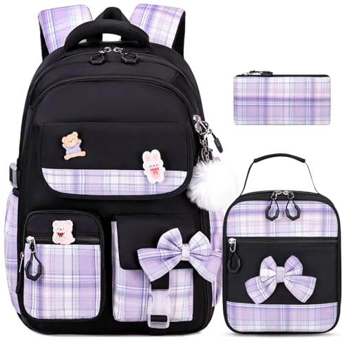 ACESAK Girls Backpack - 3PCS Backpack for Girls Cute School Backpacks for Kindergarten Elementary Preschool Middle Kids School Bags with Lunch Box Pencil Case Set (Black Purple) - color: Black-purple