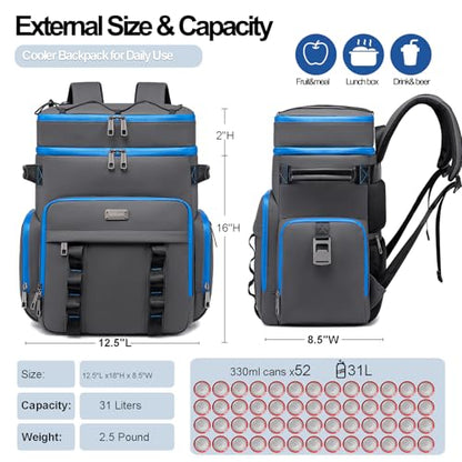 Weitars Insulated Cooler Backpack,Double Deck Waterproof Soft Cooler Bag,Backpack Coolers Leak Proof Lunch Backpack for Men Women for Travel,Camping,Picnic,Beach,Picnic,Outdoor 31L/52 Can - color: DarkGray
