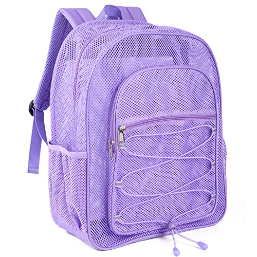 COVAX Heavy Duty Mesh Backpack, Semi-transparent Mesh Bookbag, See Through College Backpack with Bungee and Comfort Padded Straps for Commuting, Swimming, Beach, Outdoor Sports (Purple) - color: Purple
