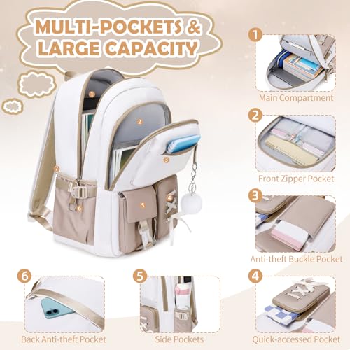 ACESAK Backpacks for Girls, Girls Backpack with Lunch Box and Pencil Case for Teen Kids Elementary Middle High School College Student, Children Backpack Bookbag with USB Charging Port (Khaki) - color: Off-white With Khaki Accent
