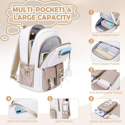 ACESAK Backpacks for Girls, Girls Backpack with Lunch Box and Pencil Case for Teen Kids Elementary Middle High School College Student, Children Backpack Bookbag with USB Charging Port (Khaki) - color: Off-white With Khaki Accent