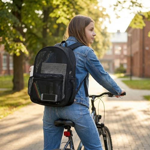 COVAX Heavy Duty Mesh Backpack, See Through College Backpack with Padded Shoulder Straps for Swimming, Outdoor Sports - color: Black