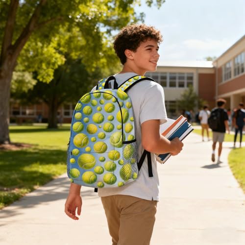 Tennis Backpack for Kids & Youth, 16 Inch Tennis-Themed School Bookbag, Lightweight Polyester Daypack with Front Zip Pocket, Side Bottle Pocket, Padded Adjustable Straps, Unisex - color: Tennis