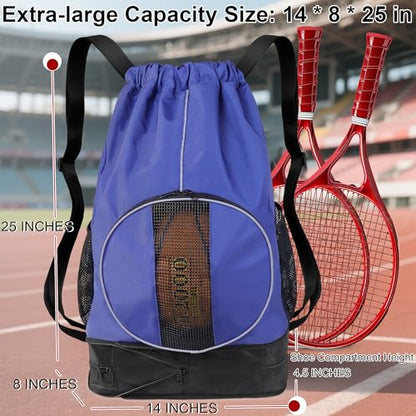 Basketball Backpack, 45 L Drawstring Sports Bag with Large Shoe Compartment and Wet Pockets for Women Men Gym Bag - color: Blue-45L