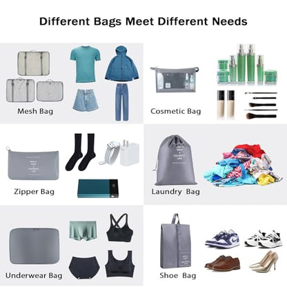 8 Set Packing Cubes for Suitcases, INVODA Travel Luggage Packing Organizers with Laundry Bag, Compression Storage Shoe Bag, Clothing Underwear Bag (Grey) - color: Grey
