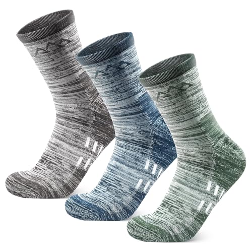 innotree Men's Merino Wool Hiking Socks 3 Pairs, Moisture Wicking Cushioned Breathable Crew Socks for Hiking Walking Trekking - color: Grey, Blue, Green, size: X-Large
