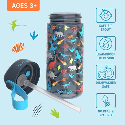 Bentgo Kids Water Bottle - Leak-Proof, Durable Tritan PFAS- & BPA-Free 15 fl oz, Kids/Toddlers Ages 3+ for School & Sports; Bite & Sip Spout, Carrying Handle, Dishwasher Safe (Dinosaur) - color: Dinosaur