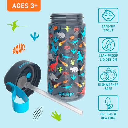 Bentgo Kids Water Bottle - Leak-Proof, Durable Tritan PFAS- & BPA-Free 15 fl oz, Kids/Toddlers Ages 3+ for School & Sports; Bite & Sip Spout, Carrying Handle, Dishwasher Safe (Dinosaur) - color: Dinosaur